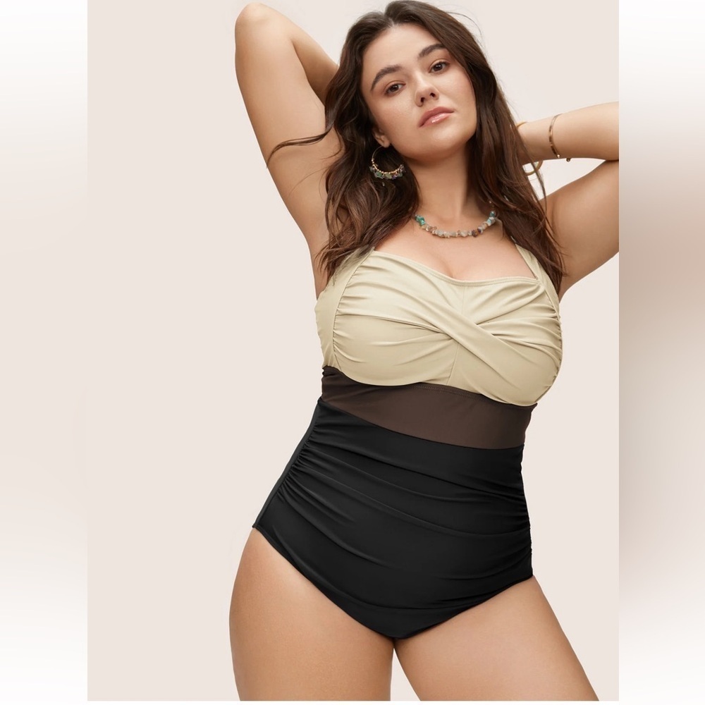 BloomChic Ruched Twist One-Piece Swimsuit in Beige and Black